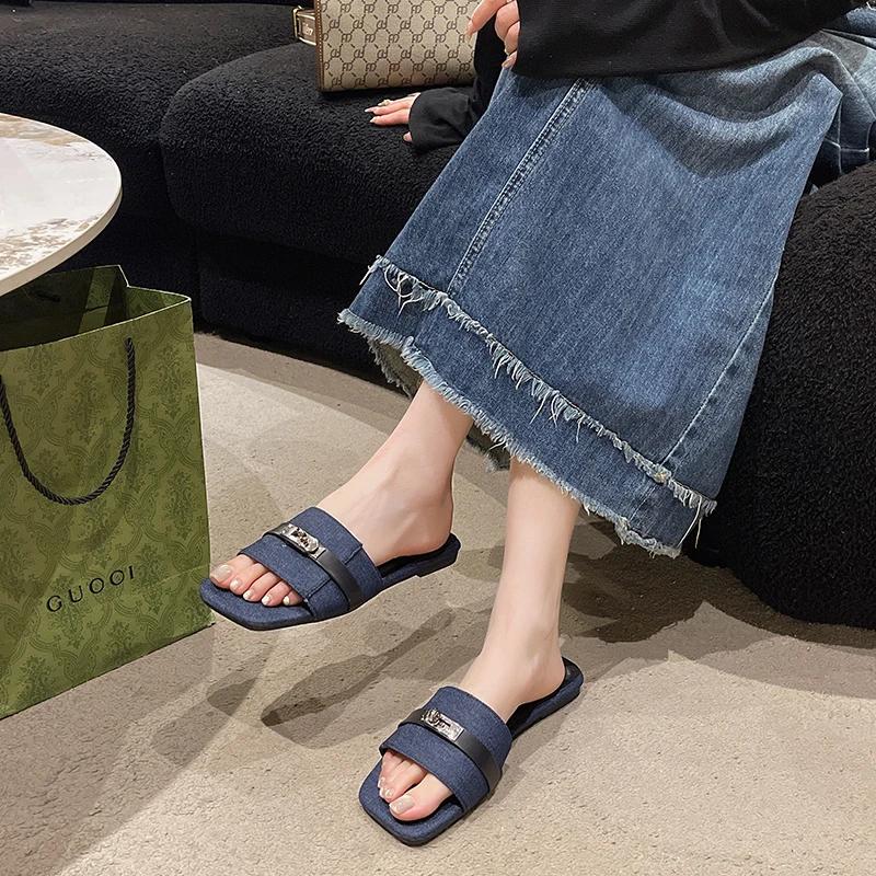 Женская обувь Модные туфли с открытым носком Женские тапочки Металлическая отделка Повседневные тапочки Женские Новые Большого размера Плоские тапочки