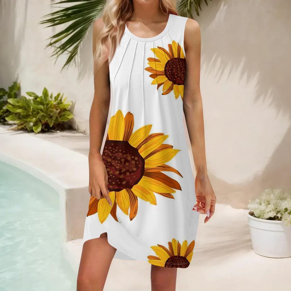 Женские летние повседневные платья без рукавов с принтом и U-образным вырезом