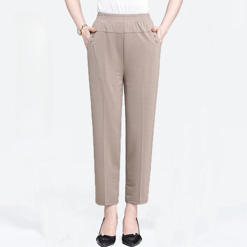 Women Summer Silk Comfortable High Waist Elastic Long Ladies Pants