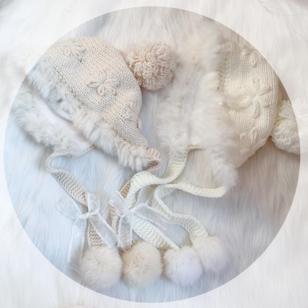 Hat Soft Lolita Element Autumn and Winter Warm Rabbit Fur Ear Protection Hat Knitted Wool Hat Cute Fur Ball