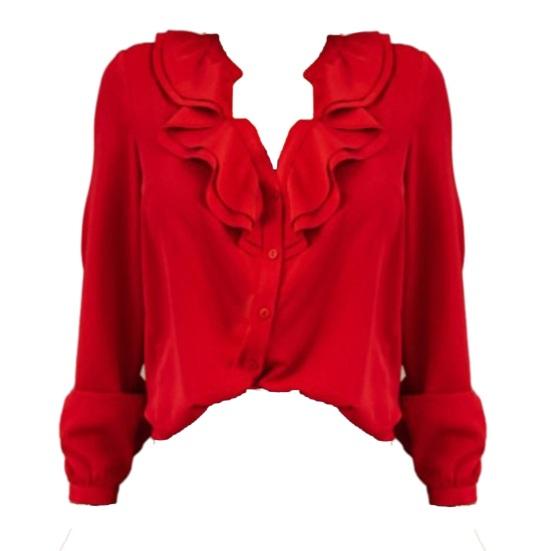 Женский топ с глубоким v-образным вырезом и рюшами, однотонная однобортная мягкая дышащая женская рубашка в повседневном стиле с длинными рукавами, блузка