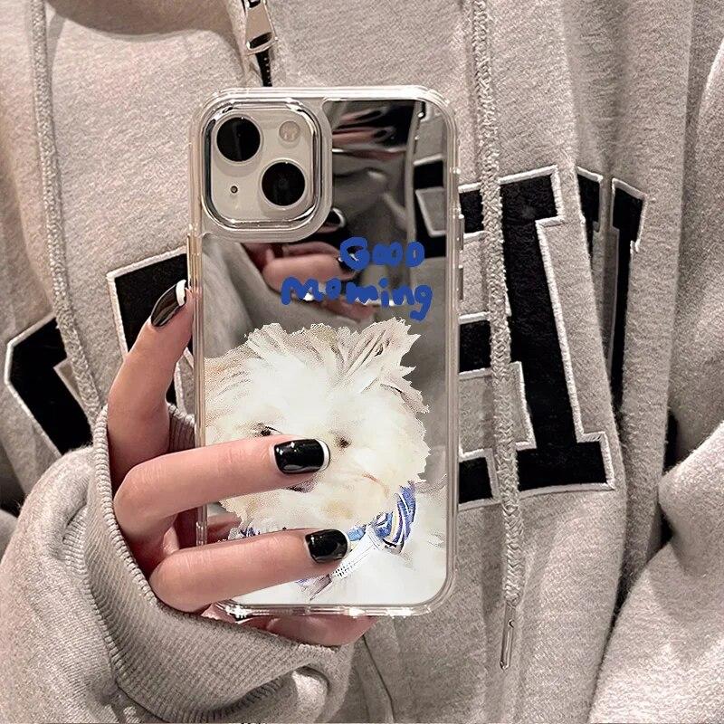 Cute Cartoon Animals Makeup Mirror Phone Case For iPhone 13 Case iPhone 12 11 15 14 Pro Max XR XS Max X Silicone Soft Back Cover