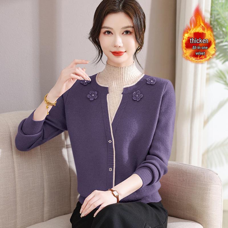 Stylish Faux Two-Piece Velvet Sweater for Middle-Aged & Elderly Women - Warm Knit Base Layer