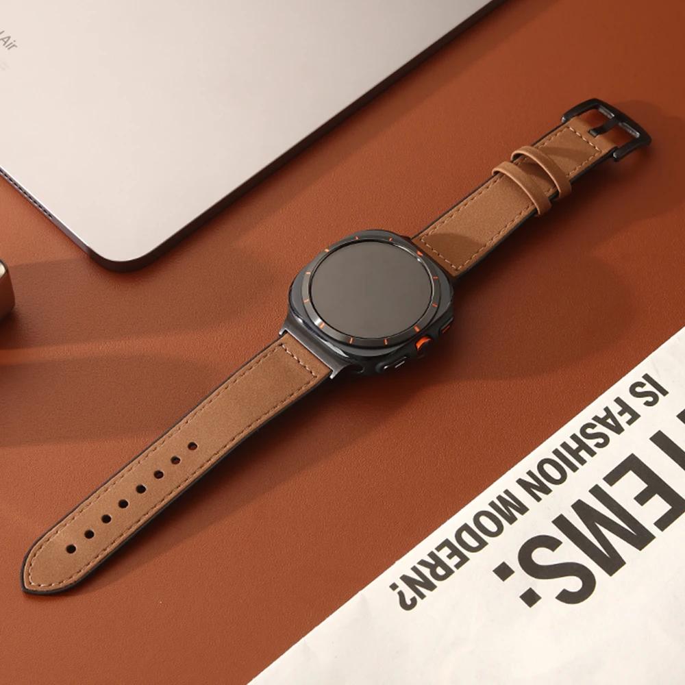 Кожаный деловой ремешок для Samsung Galaxy Watch 8 Classic 46 мм 44 мм 40 мм без зазоров, мужской браслет для Galaxy Watch 7 Ultra 47 мм, роскошный ремешок с изогнутыми концами
