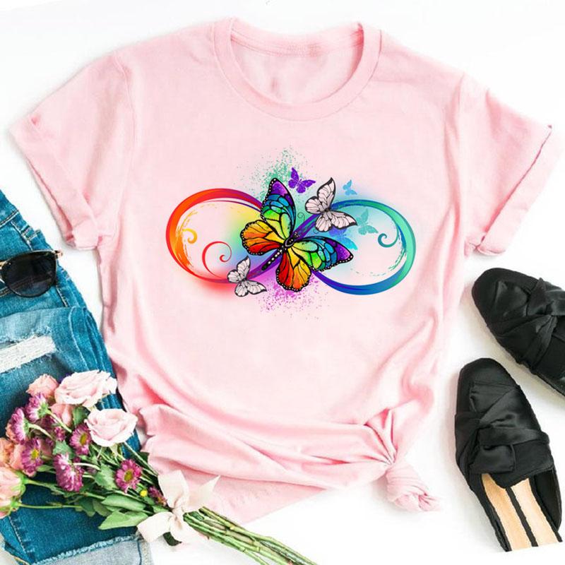 Футболка с принтом радужной бабочки, женская черная футболка 90-х годов, женская милая футболка с рисунком, женские летние футболки с круглым вырезом, топы