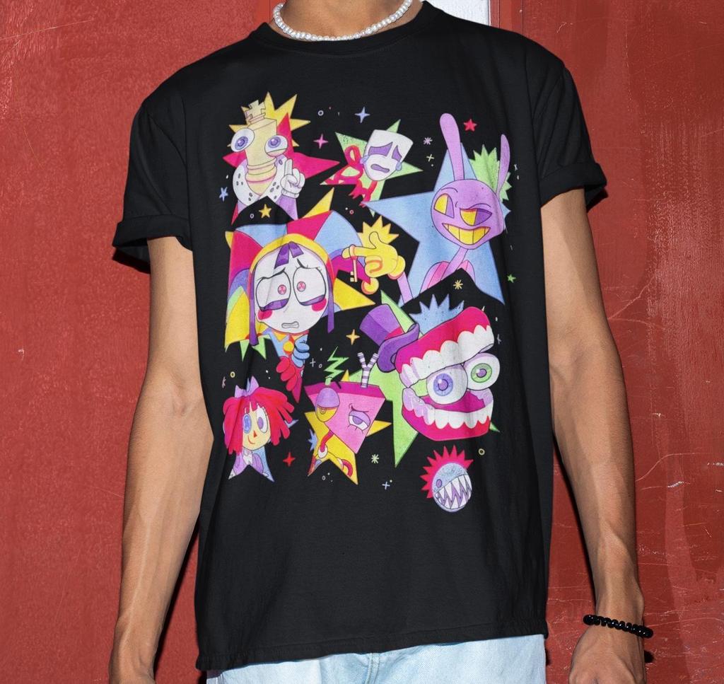 2026 Colorful Fantasy Circus Multicharacter Graphic Tshirt Unisex Loose Fit Cartoon Star Art Print Urban Street Style Casual Tees