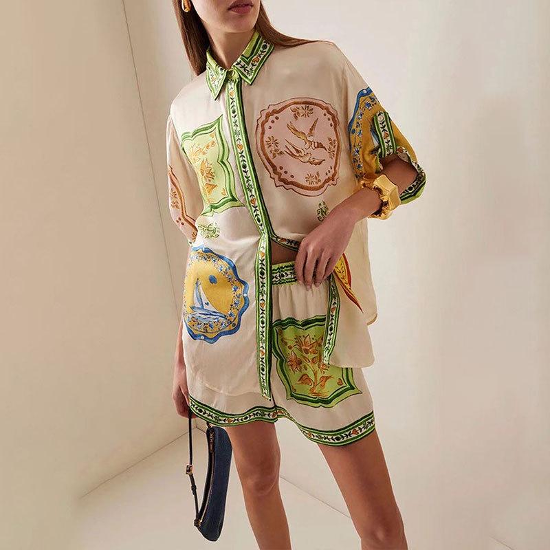 2026 spring new women's clothing cross-border foreign trade Europe, America, fashion and retro contrasting color printing drawstring button set 661