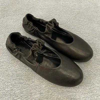 Версия из коровьей кожи~ Ретро круглый носок, мелкий вырез, плиссированное слово, одинарные туфли Мэри Джейн, женские весенне-осенние балетки