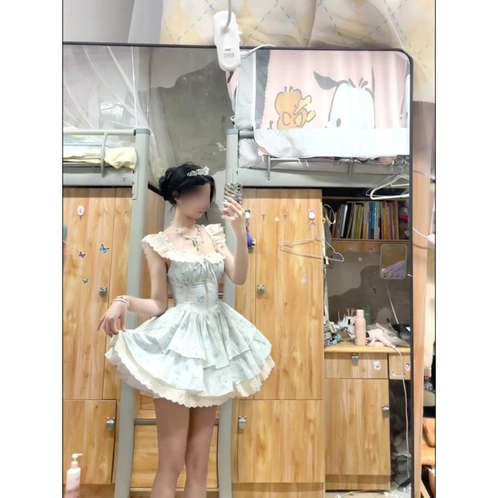 Нежное и милое платье с короткими рукавами-фонариками, цветочным поясом, женское летнее платье, цвет беглый принцессы, розовый, цветущая вишня, пышное платье-торт, короткое платье