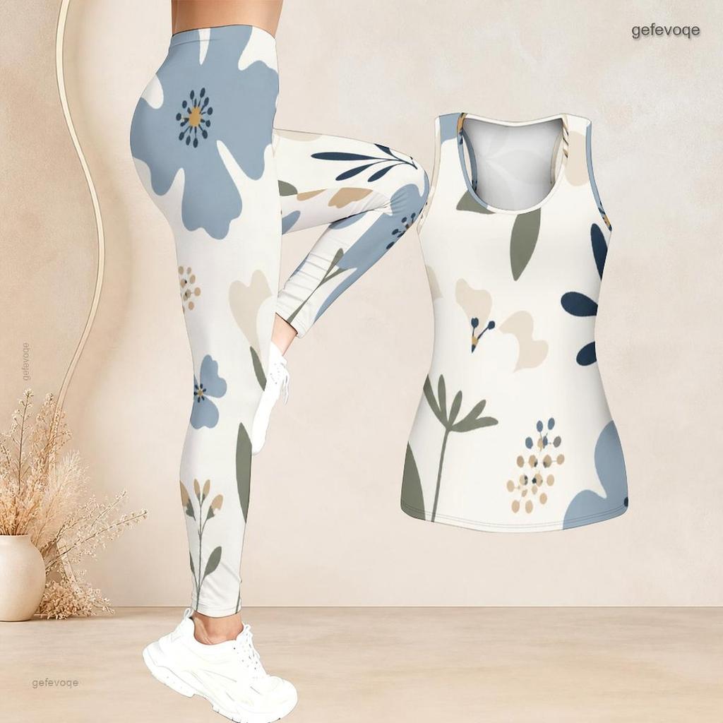 Women Plus Size Floral Printed Two Piece Set Scoop Neck Sleeveless Longline Tank Top Fitted Pants