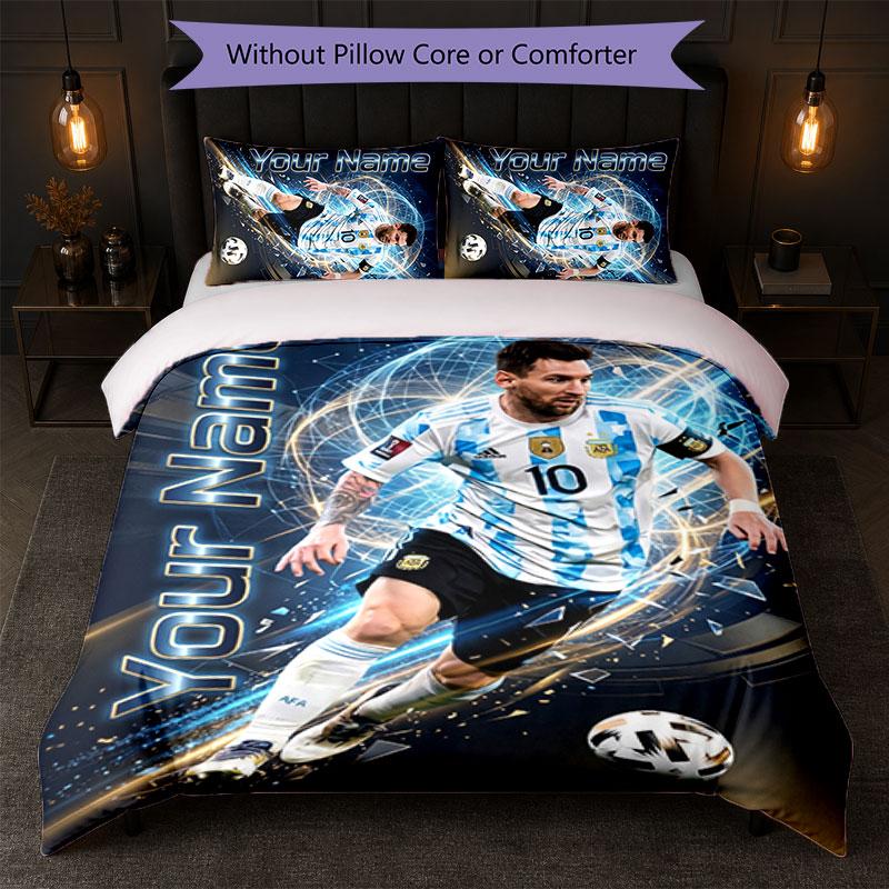 Lionel Messi Custom Name Text Bedding Set 1 Duvet Cover+2 Pillowcases Soccer Logo Personalized Gift For Special Occasion Bedroom Decor