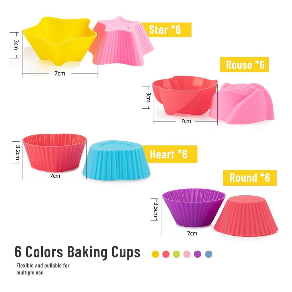 24-Cavity Silicone Muffin Pan Set, Axroad Mall, Nonstick Baking Cups, Oven Safe -30°C to +230°C, Easy Release Reusable Multicolor