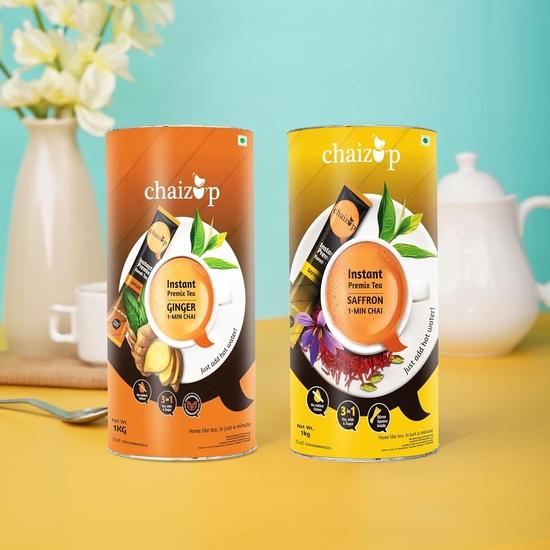 Чай Chaizup Premium 1 Min Instant Assorted Tea Pack - 1 кг банки (Упаковка из 2 шт.) | Ароматизаторы шафрана и имбиря | Приблизительно. 144 порции | 2 кг