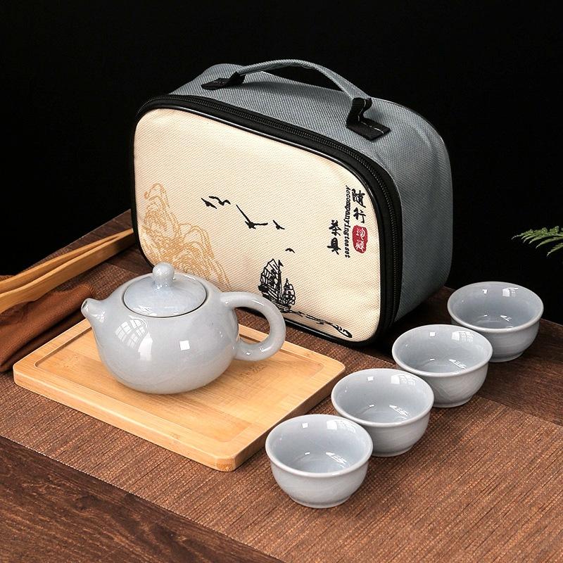 Travel Tea Set Retro Outdoor Portable Kung Fu Ceramics One Pot Four Cups with Tea Tray Company Gifts Cheap