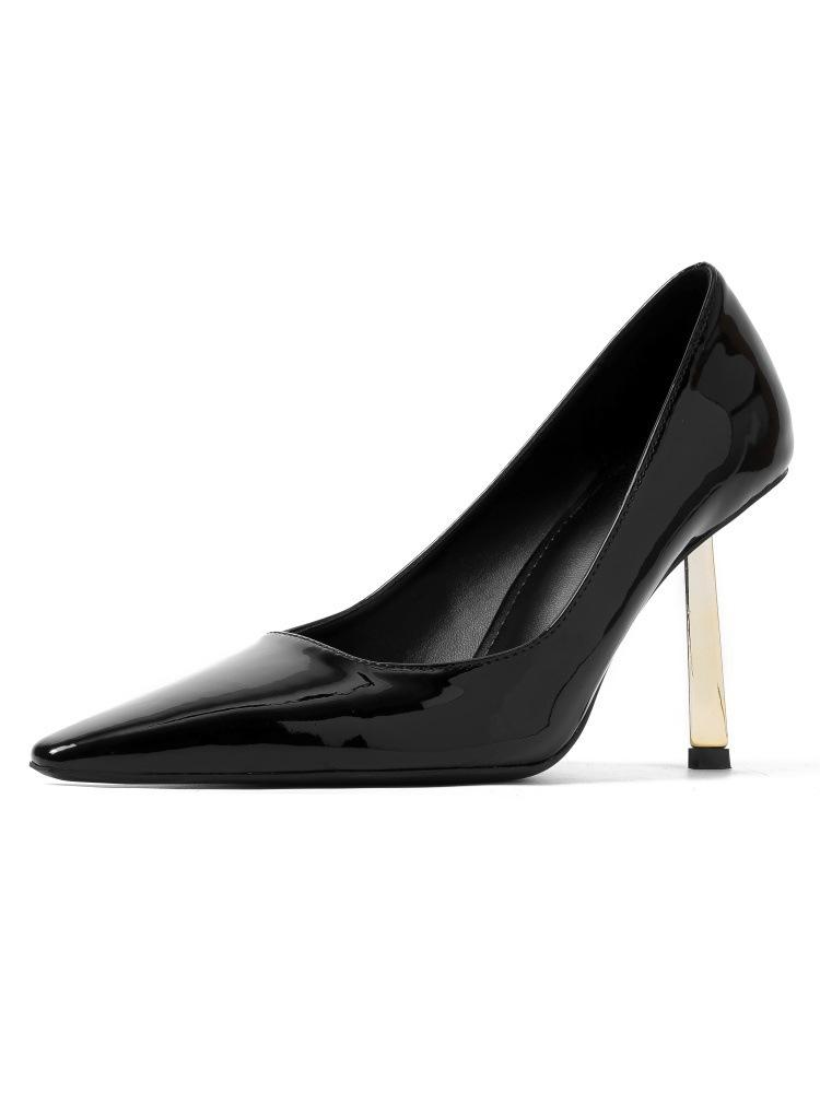 2024 новые черные лакированные туфли из треугольной золотой лакированной кожи с золотистым каблуком, женские туфли на плоской подошве с тонким острым каблуком, универсальные туфли на высоком каблуке