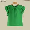 Women Fashion Round Neck Multi-Layered Ruffle Sleeve Solid Color Loose Blouse