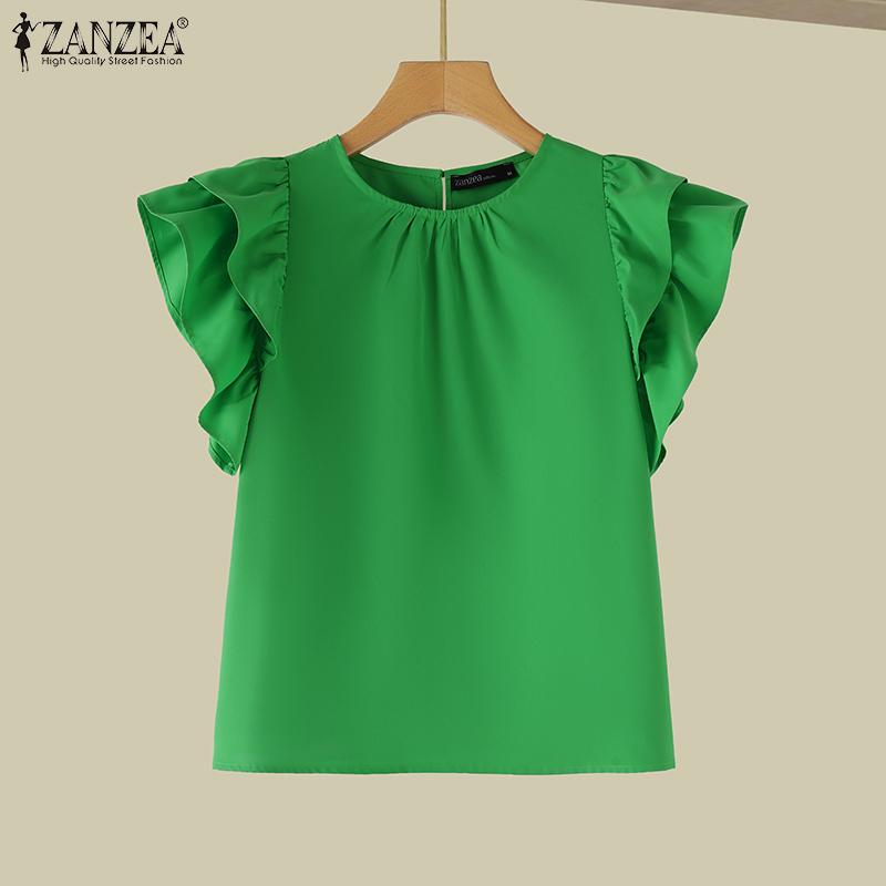 ZANZEA Женская модная многослойная свободная блузка с круглым вырезом и рукавами с рюшами