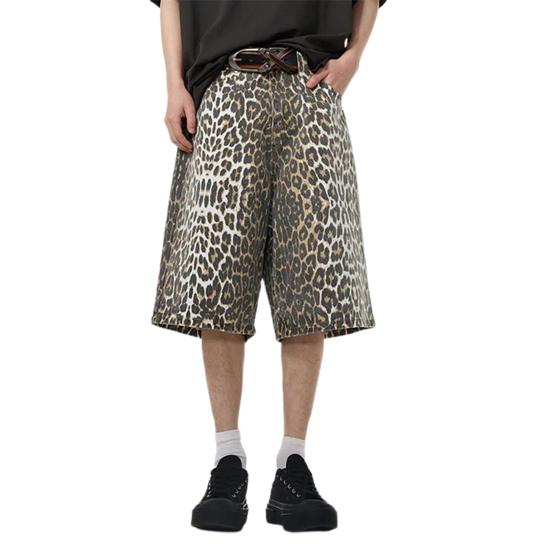 Джинсовые брюки унисекс с леопардовым принтом, свободные прямые ретро со средней талией на молнии и пуговицах длиной до колена для вечеринки