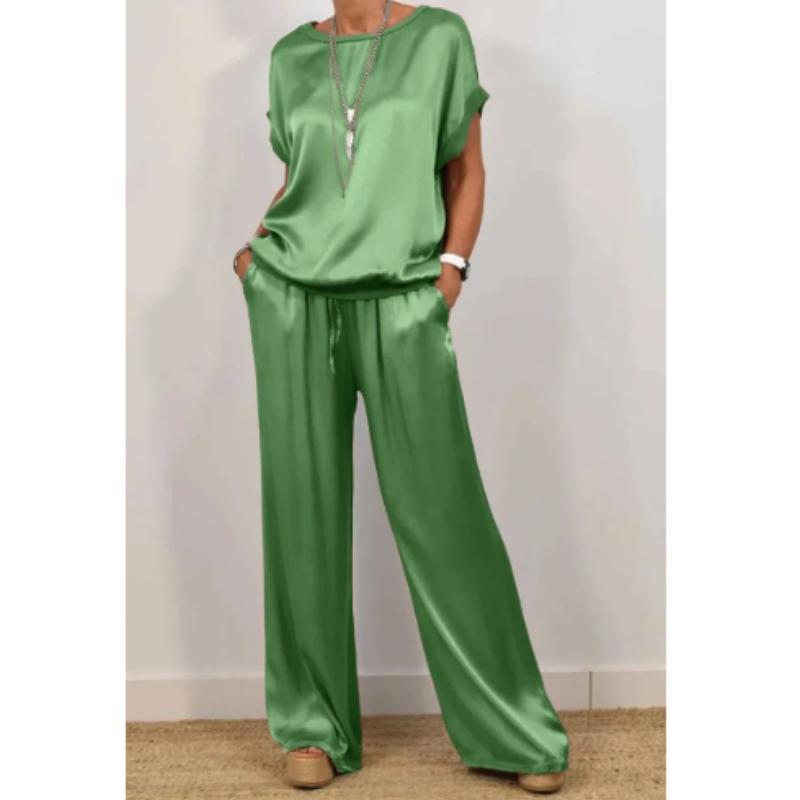 Повседневный атласный комплект для дома с круглым вырезом и брюками широкого кроя для весны/лета