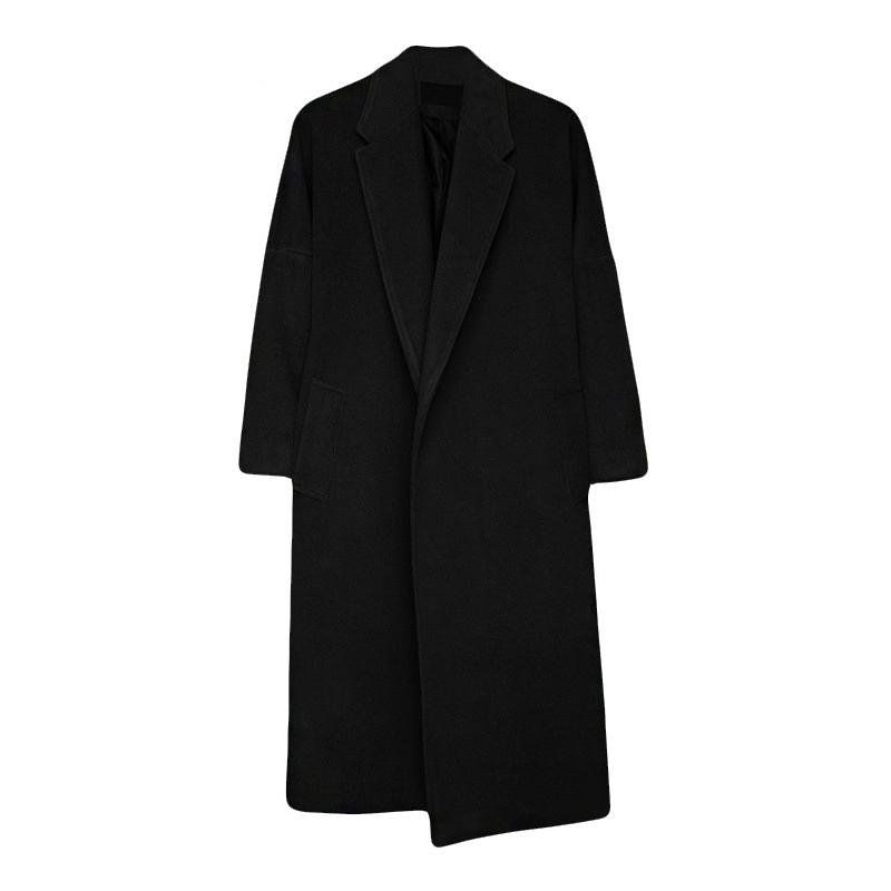 Men's Trendy Long Black Wool Blend Winter Trench Coat Overcoat with Gothic Windbreaker Design