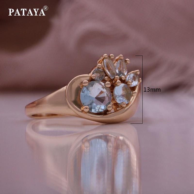PATAYA Комплект из серег и кольца цвета розового золота 585 пробы с искусственным цирконом светло-голубого цвета