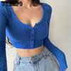 Slim V-neck Long Sleeve Bottomed Womens Tops and Blouses High Street Solid Color Open Navel Cardigan