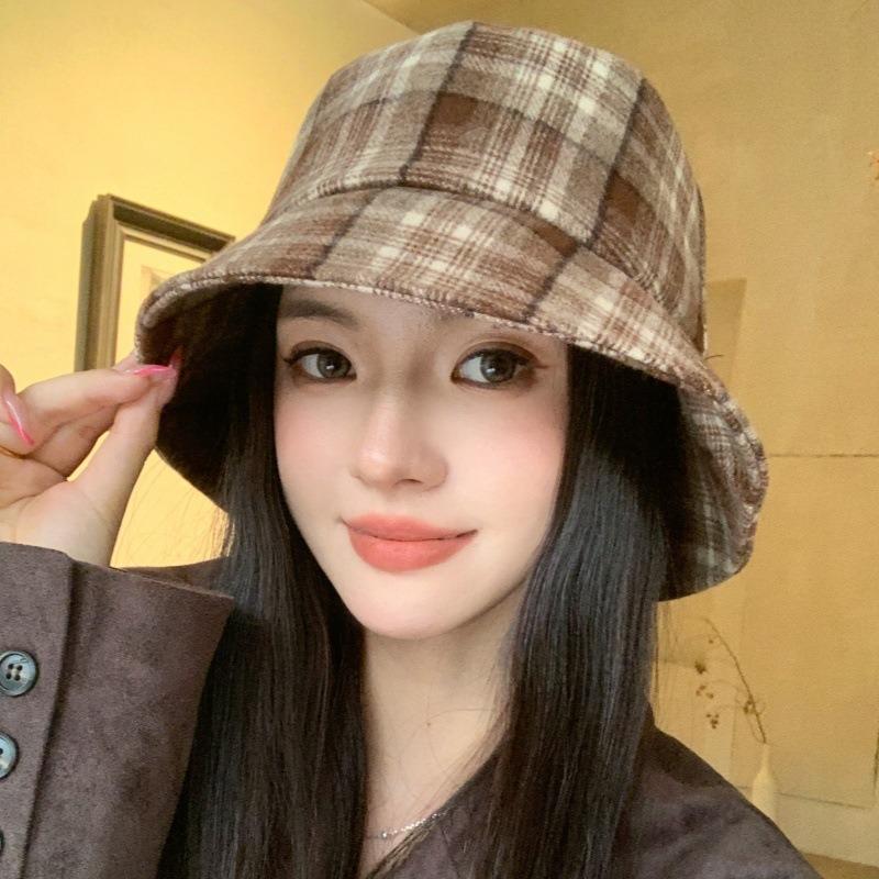 Women S Plaid Bucket Hat Double Sided Foldable Sun Protection Large Head Size Korean Style