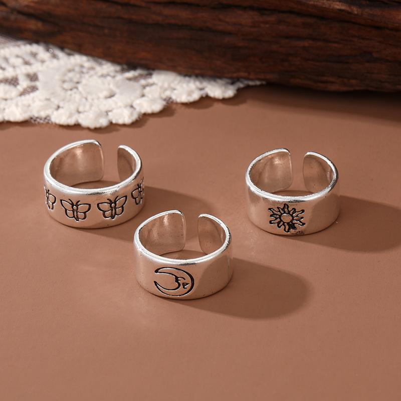 Ретро Серебряная Луна Солнце Бабочка Открытие Регулировка Праздничная одежда Универсальный набор ювелирных колец