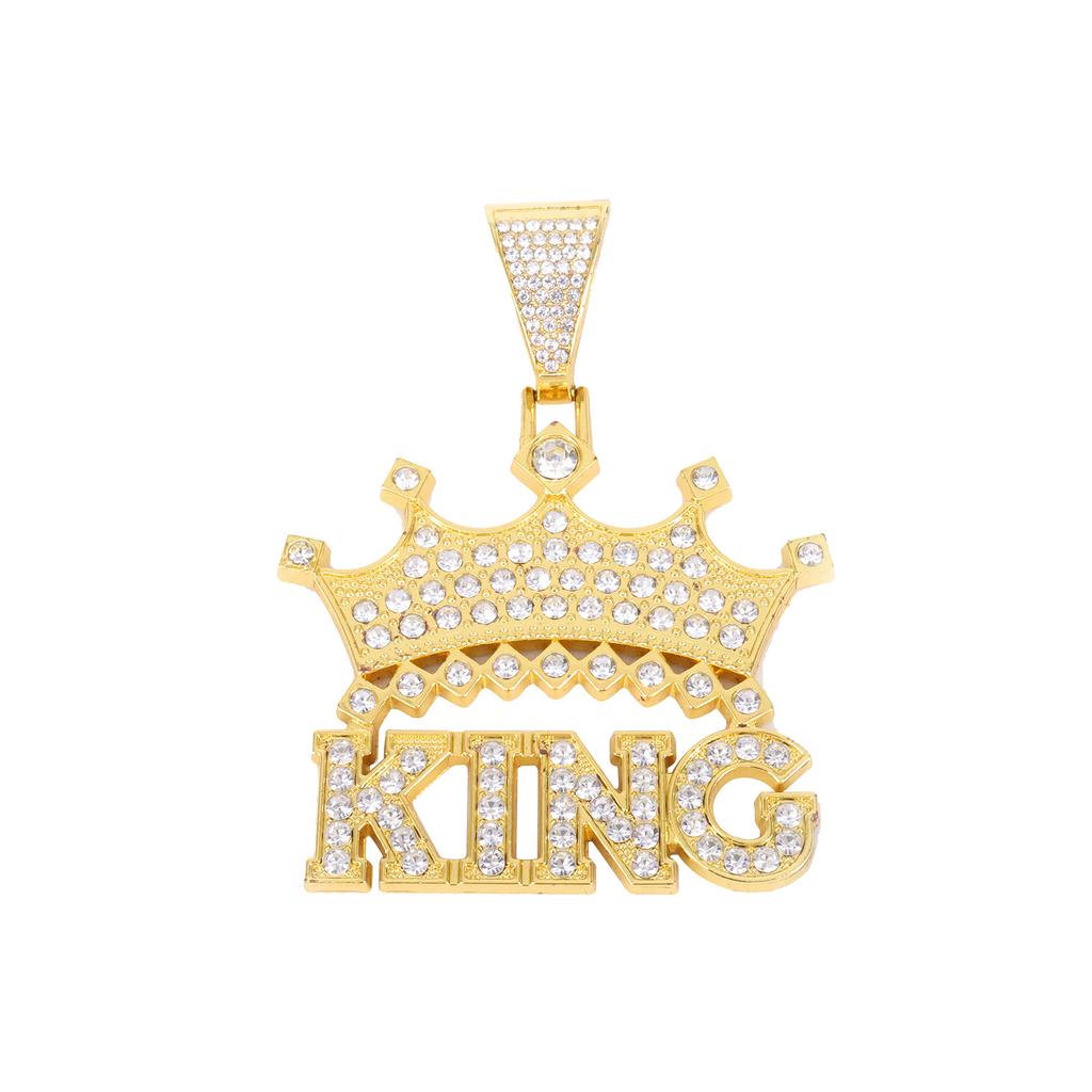 Unisex Hip Hop Alloy Necklace Trendy Full Rhinestone Crown KING Single Row Rhinestone Pendant European American Street Fashion Accessories