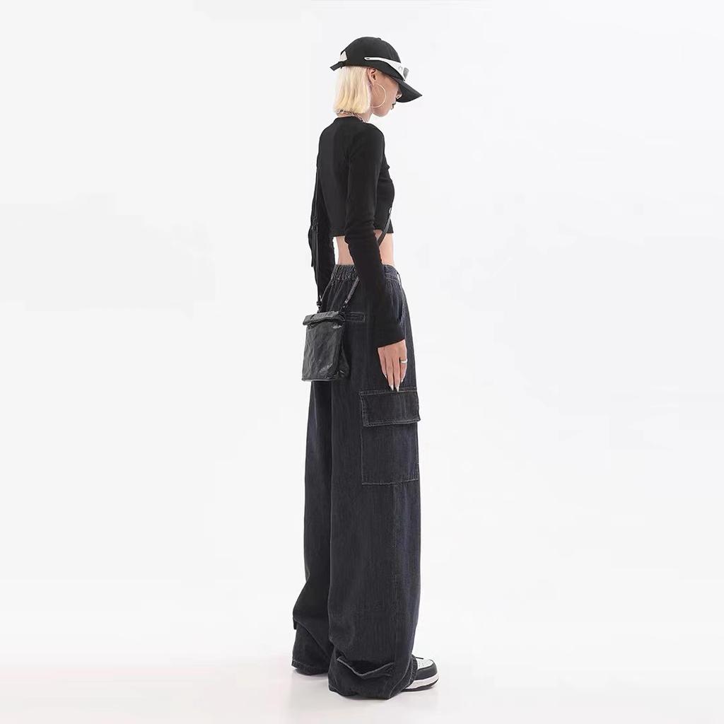 Осенние женские мешковатые черные джинсы в стиле Харадзюку, уличная одежда, повседневные широкие брюки в стиле хип-хоп, винтажные брюки Demin, свободные брюки Y2k