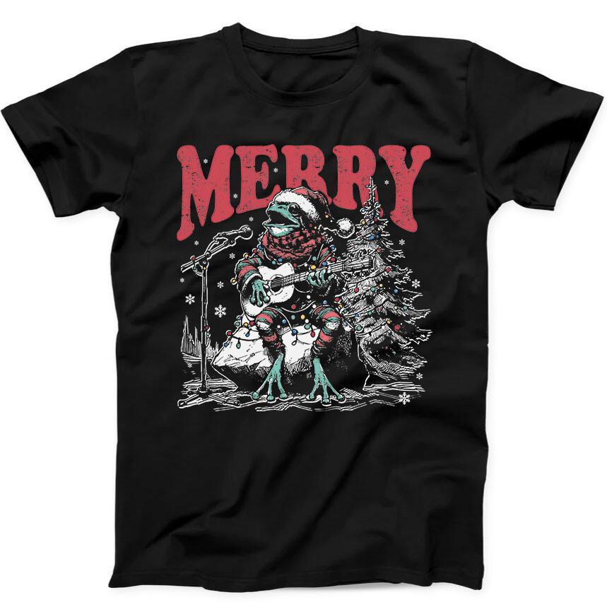Merry Xmas Christmas Frog Playing Guitar Santa Funny Gift Black T Shirt 215