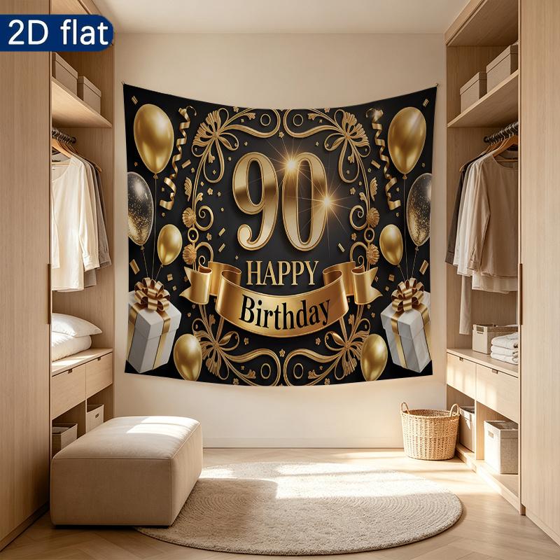 Gold 90th Gold Birthday Backdrop 1pc - Polyester Banner