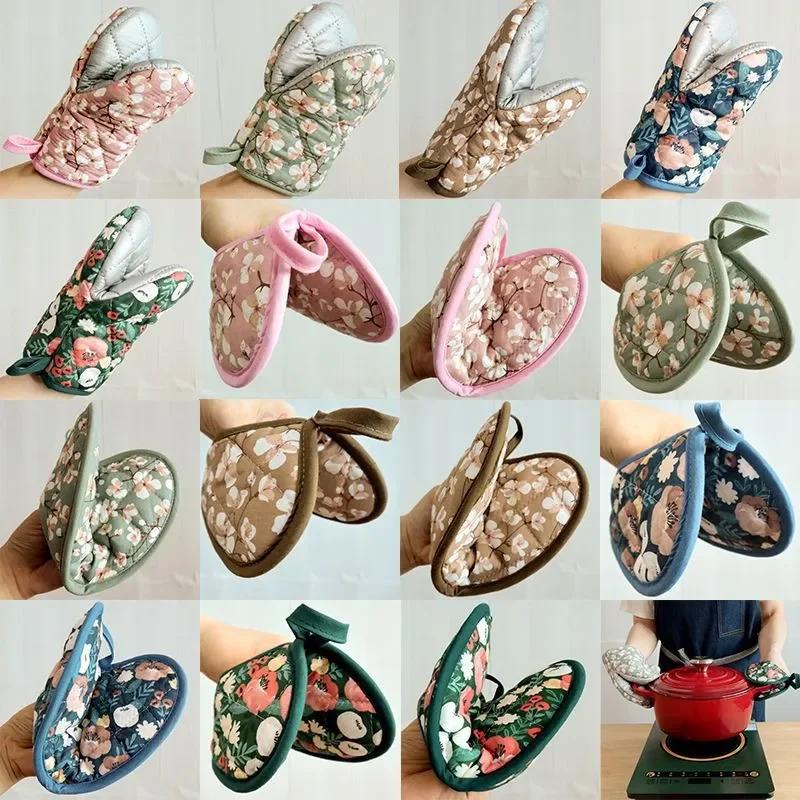 Цветочные хлопковые пекарские перчатки с принтом для духовки, для домашнего использования, кухонные, термостойкие, ручной зажим в форме сердца, теплоизоляционная подставка