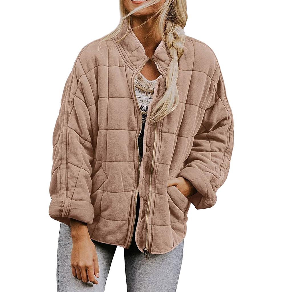 Women's Fashion Solid Color Stand Collar Cotton-Padded Jacket Loose Pocket Long Sleeve  Coat
