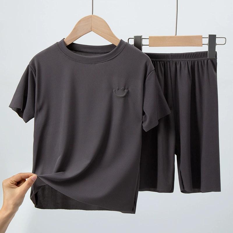 Children's Short-sleeved Suit T-shirt Ice Silk Big Children Girls Boys Baby Pajamas Summer Thin Two-piece Home Service