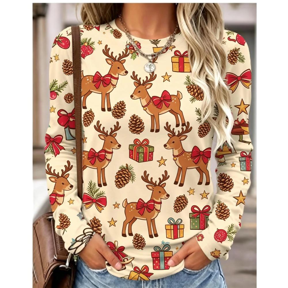 Women Long Sleeve T Shirt Christmas Candle Ornament Print Autumn Fashion Casual Holiday Party Top Women's Clothes