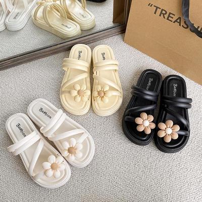 Женские весенние цветочные однотонные мягкие уличные тапочки на лето повседневные толстые плоские нескользящие грушевидные пляжные сандалии обувь 36-41