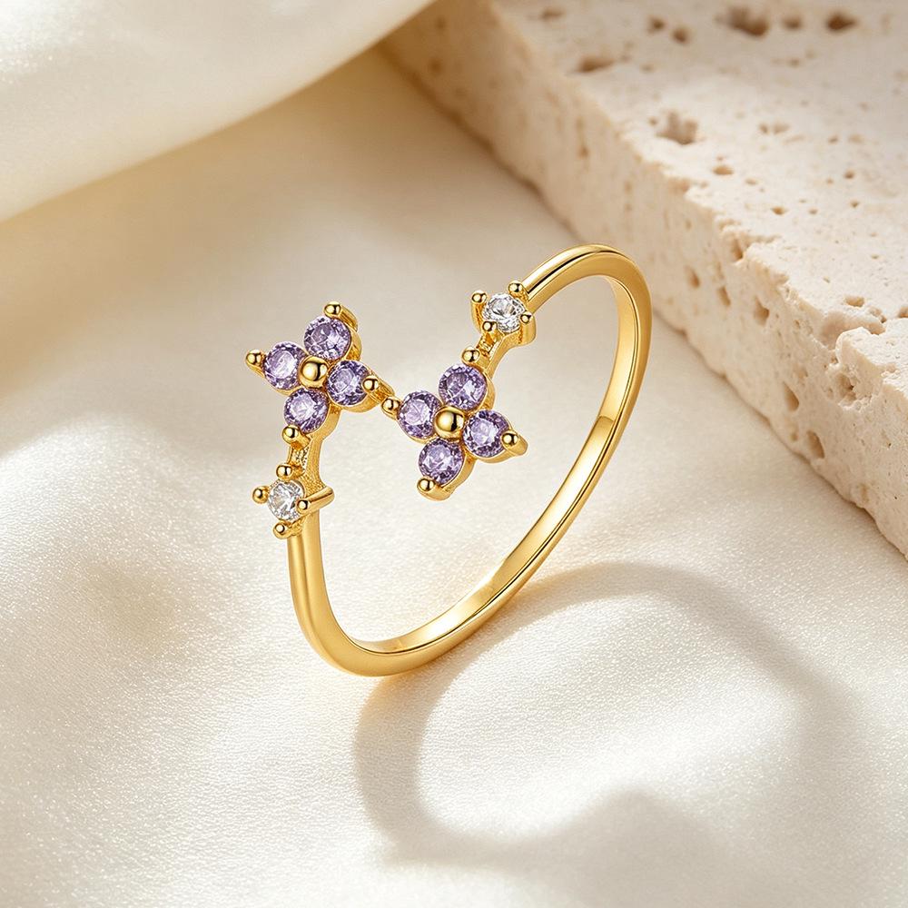 Серебряное кольцо S925 с фиолетовым цирконом в стиле фей, четырехлистный клевер, регулируемое, для женщин