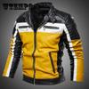Мужская желтая кожаная куртка в стиле пэчворк, байкерская куртка, мужское повседневное пальто на молнии, мужская мотоциклетная куртка, облегающая верхняя одежда на меховой подкладке, пальто