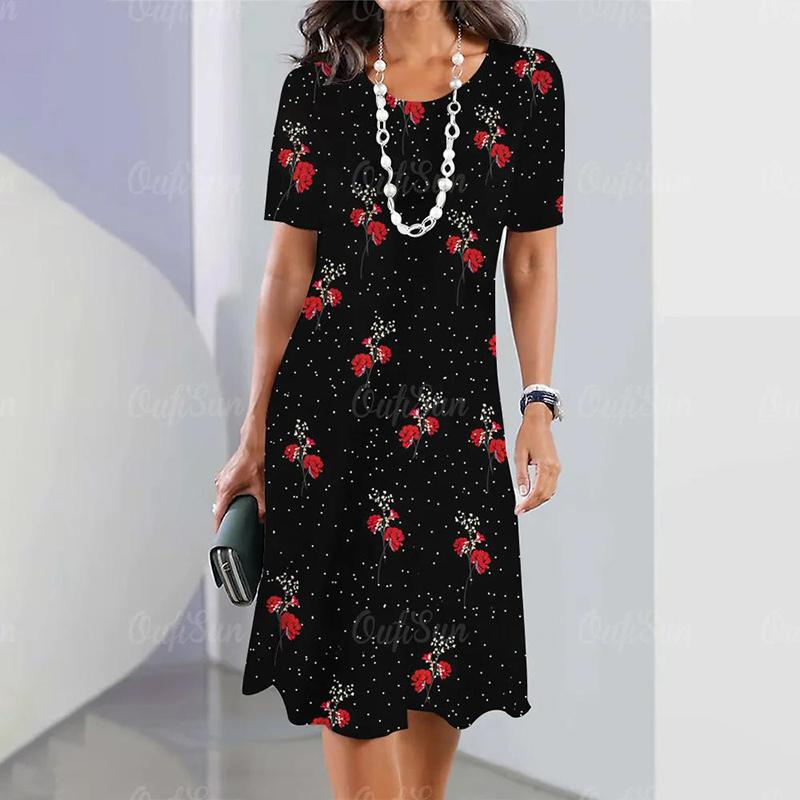 Модное женское свободное платье-трапеция с принтом в виде О-образного выреза и коротким рукавом с принтом листьев