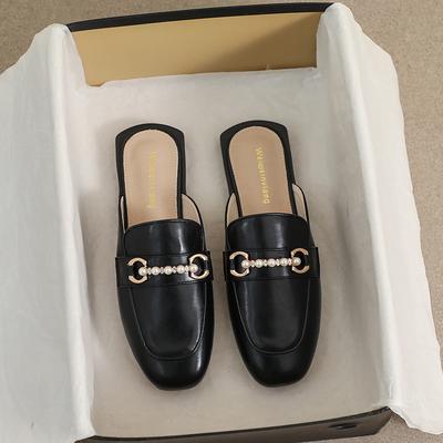 Весенние женские новые тапочки на плоской подошве, квадратные мулы, уличная повседневная обувь, стильный металлический дизайн в корейском стиле, одежда для банкетов и офиса