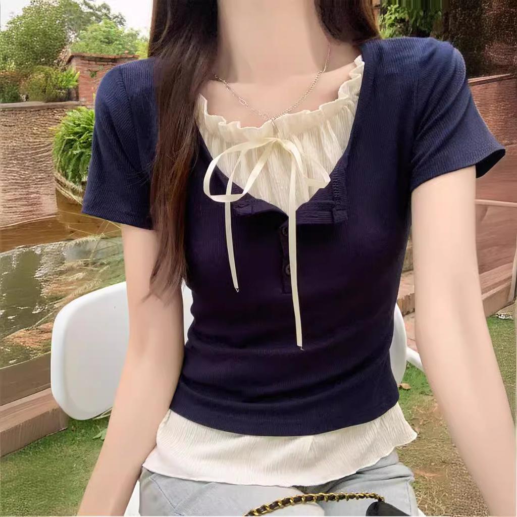 Футболка из двух частей с короткими рукавами в стиле Pure Desire, женская летняя женская одежда, новый короткий топ с черными ушками