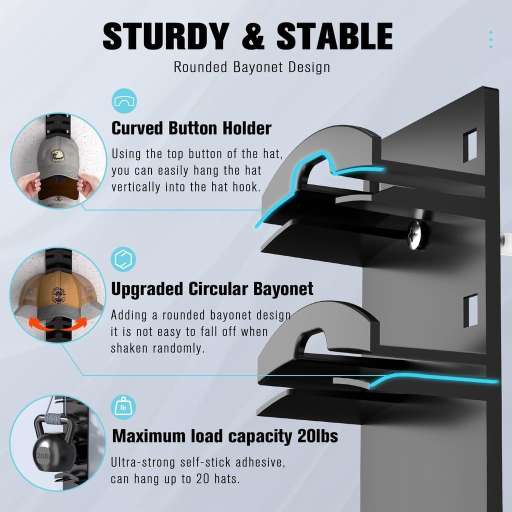 Органайзер для бейсболок, вешалка для шляп на стену с сильным клеем для 10 шляп, многослойный органайзер для хранения кепок с двумя вариантами крепления( черный)