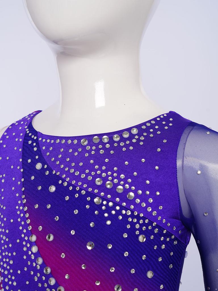 Платье для выступлений для девочек - Блестящее контрастное асимметричное платье для фигурного катания со стразами (Круглая шея)