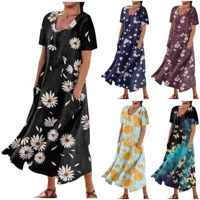 Женское летнее повседневное платье с круглым вырезом, коротким рукавом и цветочным принтом из перьев и карманами