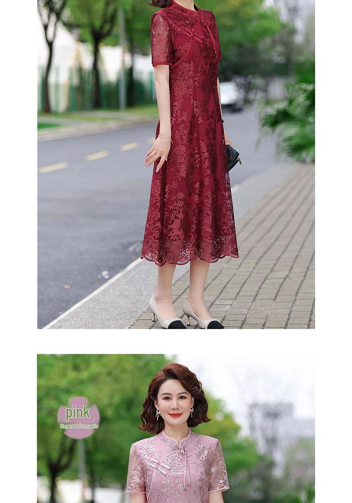 Retro Chinese Style Cheongsam Knee-Length Dress for Middle-Aged Women