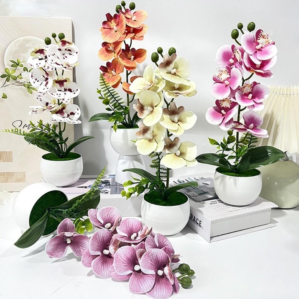 7 Heads Simulated Flower Butterfly Orchid Potted Pink Artificial Faux Plants Living Room Ornaments