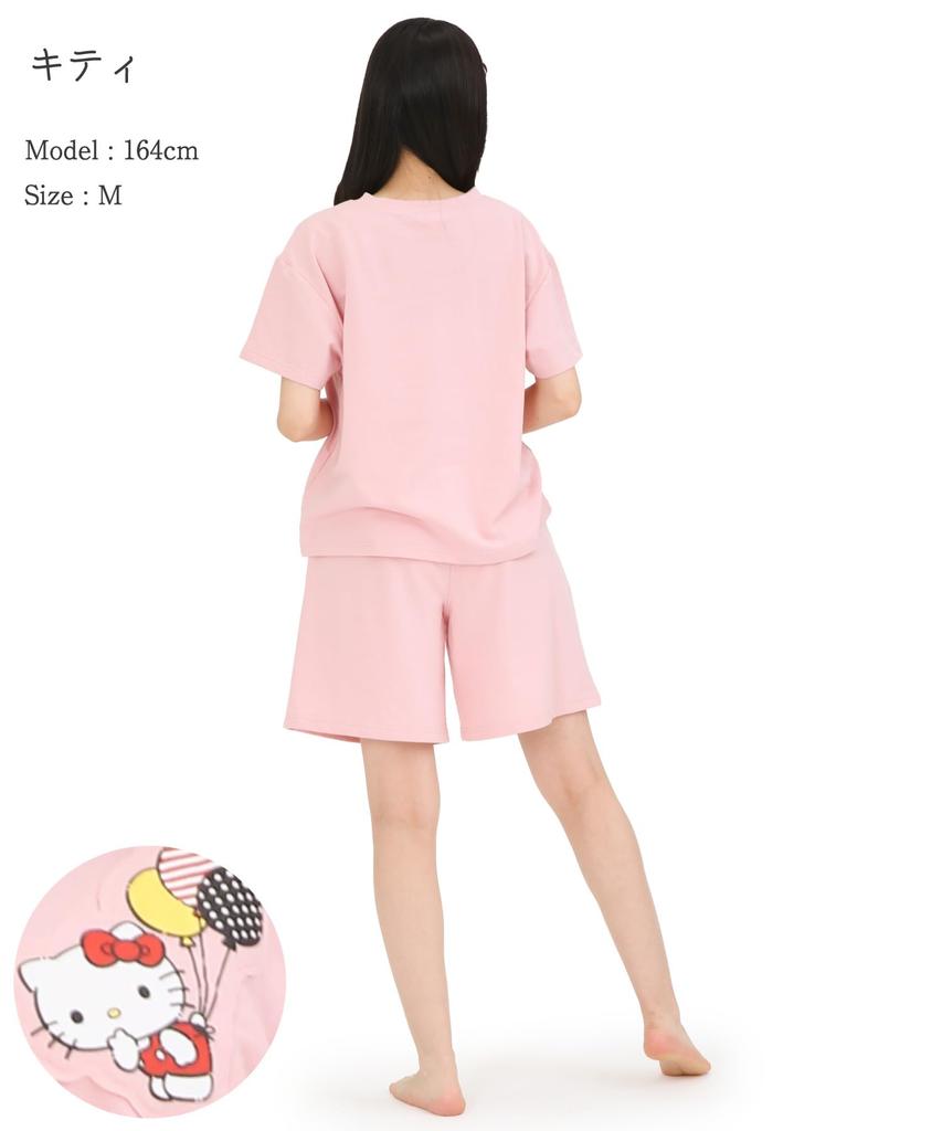Hello Kitty Room Wear Мини-флисовый комплект из брюк и верха с U-образным вырезом и короткими рукавами, пижама Sanrio [SAZAC] для женщин (Розовый/L/SAN1916)