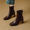French Retro Square Head High-heeled Short Boots Women's Autumn New Rear Zipper Soft Leather Fashion Temperament Versatile Commuter Martin Boots