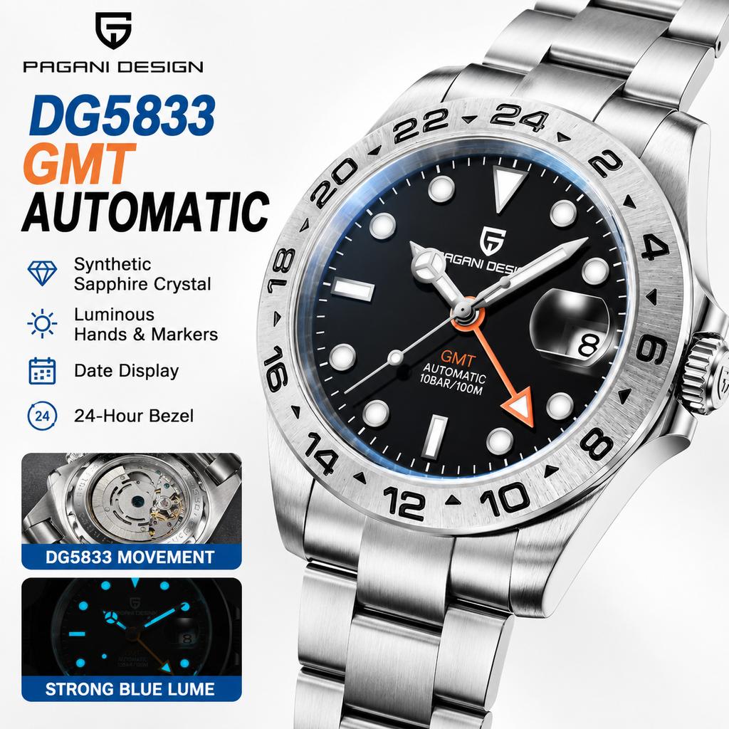 PAGANI DESIGN 42MM Wristwatch Automatic Mechanical Watch Pearl DG5833GMT Sapphire Stainless Steel Waterproof Watch For Men